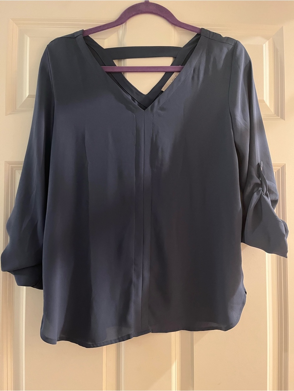 Loft V-Neck Strappy Blouse  XS beautiful Slate Blue w/button up sleeve tabs